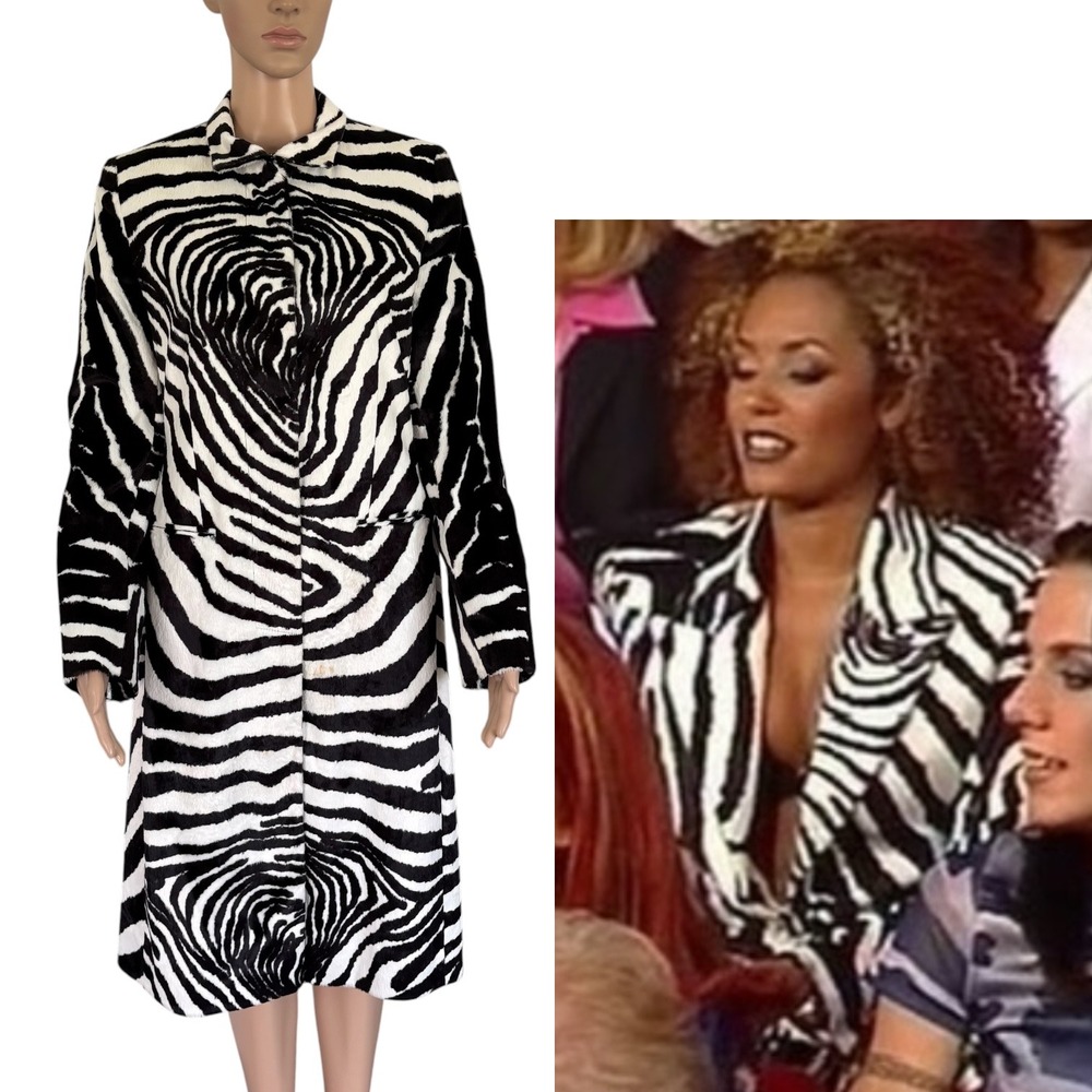 Y2K Zebra Print Faux Fur Coat Sz 8 UK Made ASO Mel B Spice Girls Mob Wife Glam